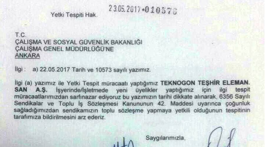 TEKNOGON DA YETKİ TESPİTİ İÇİN ÇSGB’YE BAŞVURDUK